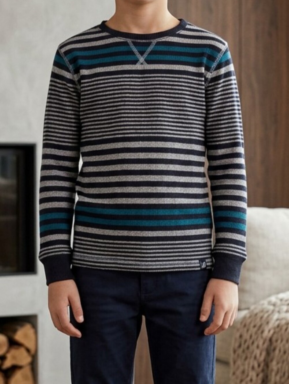 Amplify Soft Thermal Ribbed Knit Long Sleeve Shirt Boys 5/6 Black Stripe Kid Tee